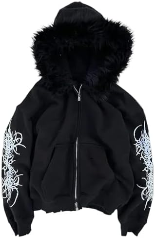 Amazon.com: RICHTRUE Therian Fur Hood Jacket Y2k Goth Zip Up